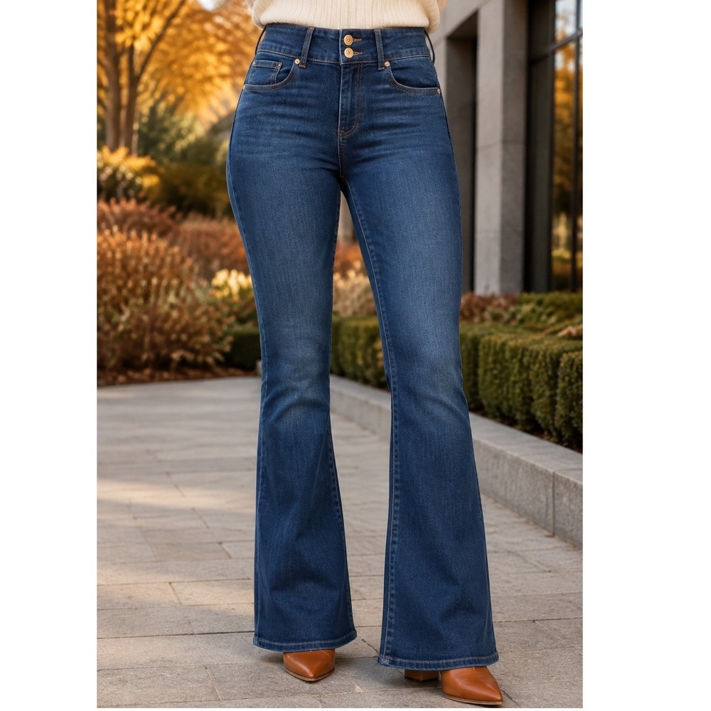 No Boundaries Womens High Rise Flare Jeans Dark Wash Double Button Size 11